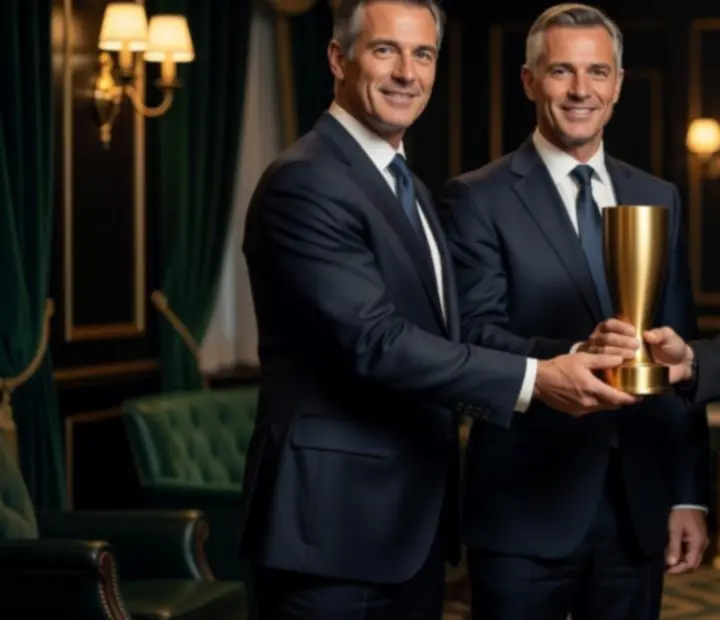 Scène de remise de trophée dans un club de cartes français, avec joueurs et officiels en tenue de soirée