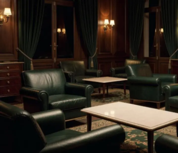 Intérieur de lounge avec fauteuils club et tables de tournoi