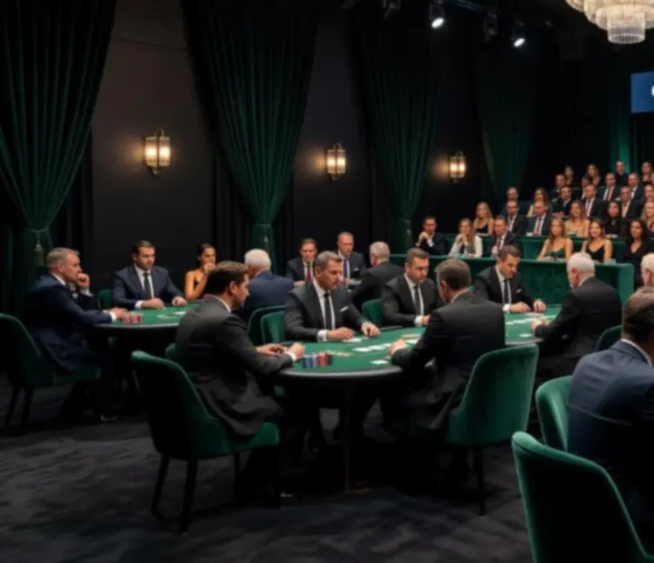 Vue panoramique d'une arène de table finale lors d'un tournoi de cartes en casino