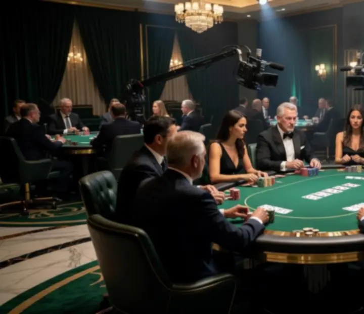 Vue grand angle d'une table finale de tournoi de cartes en direct dans une arène premium