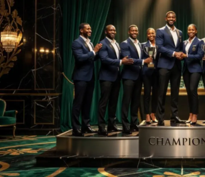 Champions célébrant un trophée sur un podium de tournoi dans un casino français